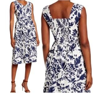 Magaschoni Dress Linen Tropical Navy White Flowers Sleeveless Tiered Size 6